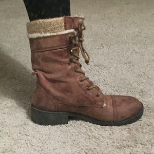 Brown leather combat boots